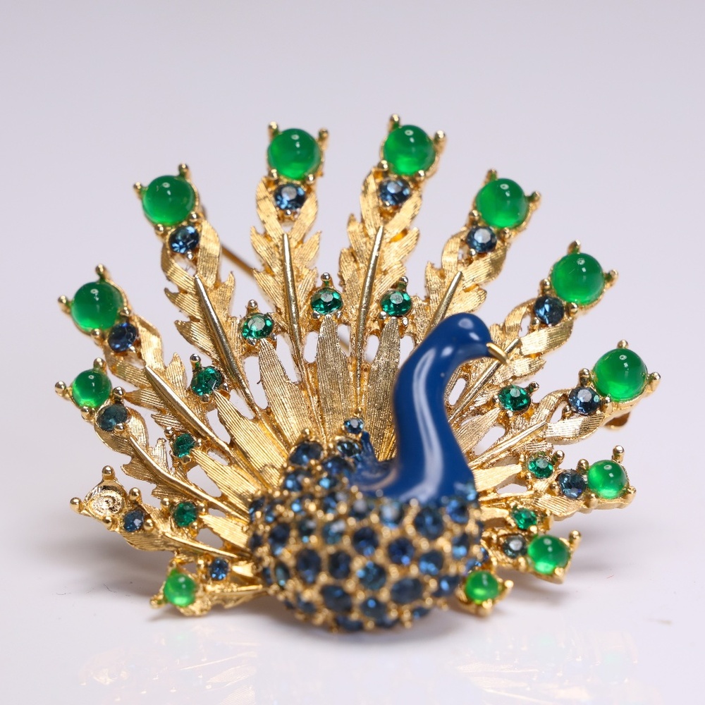 Marcel Boucher Enamel Emerald Green Sapphire Blue Peacock Brooch